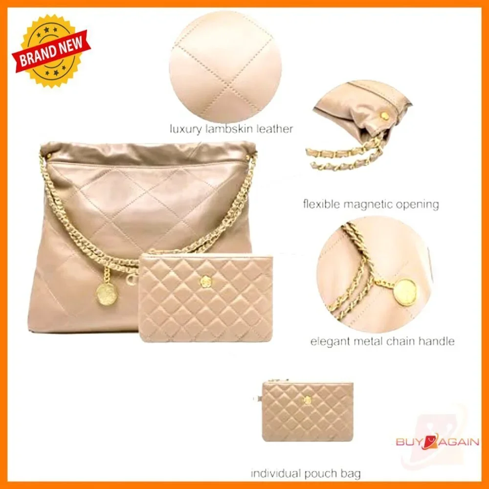 Medium Lambskin Leather Tote Bag with Matching Clutch, Magnetic Closure